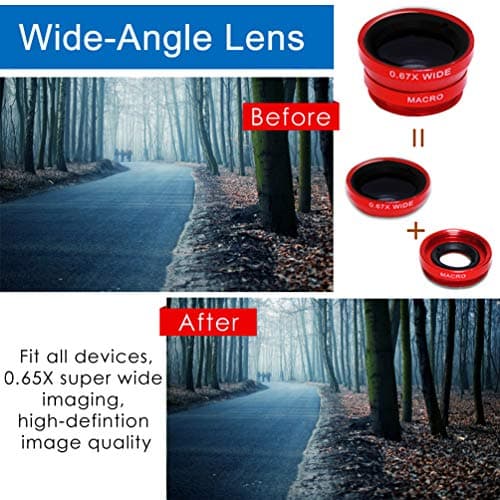 KINGMAS 3-in-1 Lens Kit: Fish Eye, Macro, and Wide-Angle for iPad, iPhone, Samsung, Android, and Most Smartphones (Red)
