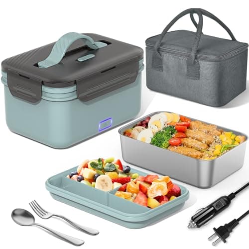 100W Ultra Quick 4-in-1 Lunch Box Heater for Adults, 12V-220V Portable Food Warmer with Fork, Spoon, and Insulated Bag — Mint Green
