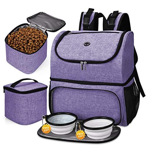 BAGLHER Airline Approved Dog Travel Backpack with Bowls and Food Baskets, Gray — Purple