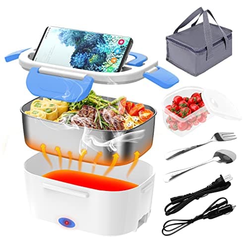 12V/24V/110V 80W Faster Heated Electric Lunch Box with 1.5L 304 SS Container — White+Blue