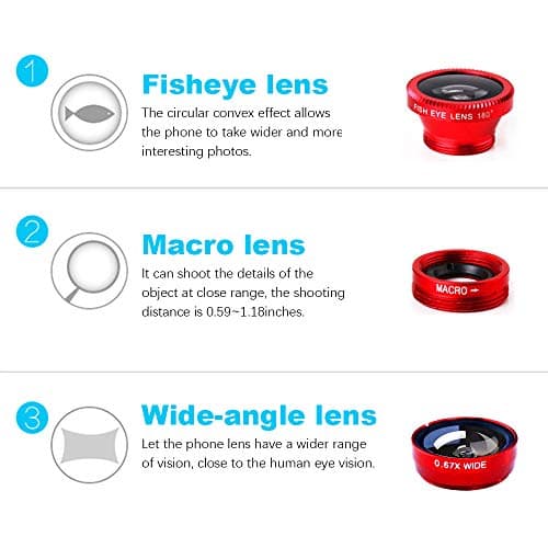 3-in-1 Universal Phone Camera Lens Kit: Wide Angle, Macro, Fisheye for iPhone, Samsung, Android (Red)