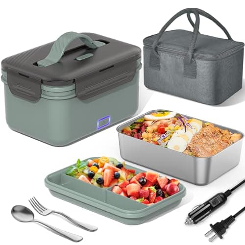 100W Ultra Quick 4-in-1 Lunch Box Heater for Adults, 12V-220V Portable Food Warmer with Fork, Spoon, and Insulated Bag — Olive Green