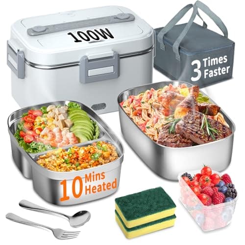 100W 3-IN-1 Heated Lunch Box, Fast Heating, 1.8L Portable, Dual Layer, 12V/24V/110V — White
