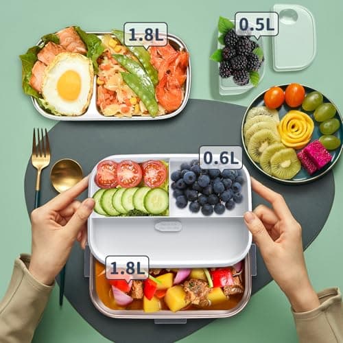 100W 3-IN-1 Heated Lunch Box, Fast Heating, 1.8L Portable, Dual Layer, 12V/24V/110V
