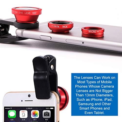 KINGMAS 3-in-1 Lens Kit: Fish Eye, Macro, and Wide-Angle for iPad, iPhone, Samsung, Android, and Most Smartphones (Red)