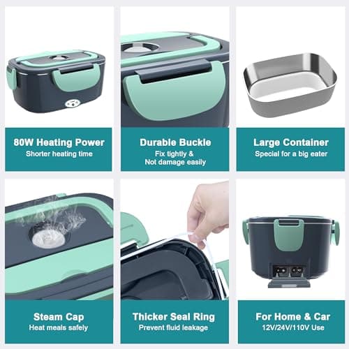 Portable Electric Heated Lunch Box for Adults: 80W 1.5L with Stainless Steel Container & Bag