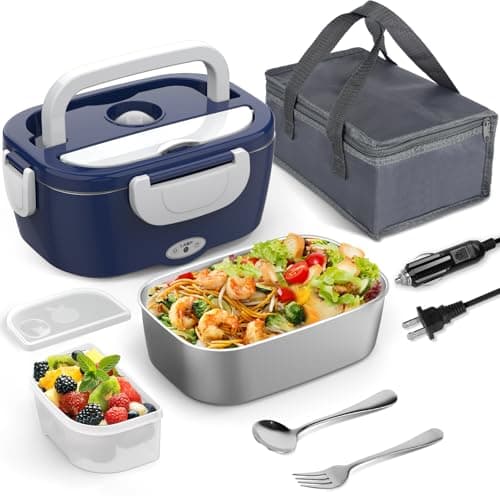 Purple 12V/24V/110V 60W-80W Heated Lunch Box, Portable Food Warmer with Removable 304 SS Container — White & Blue