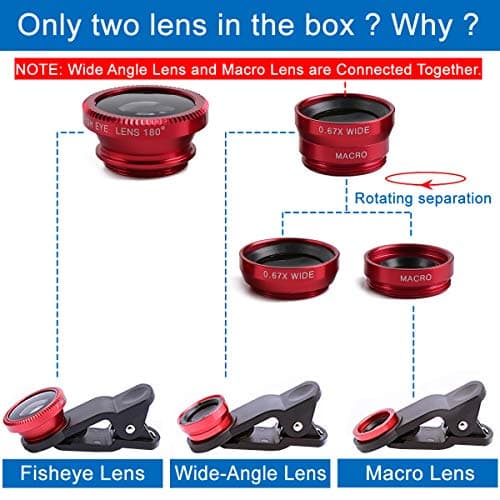 KINGMAS 3-in-1 Lens Kit: Fish Eye, Macro, and Wide-Angle for iPad, iPhone, Samsung, Android, and Most Smartphones (Red)