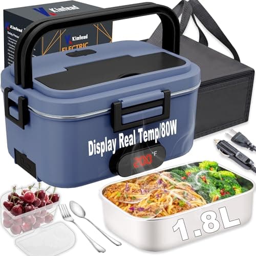 80W Heated Stainless Steel Lunch Box with Temperature Display for Adults (Black) — Temp-Display Blue