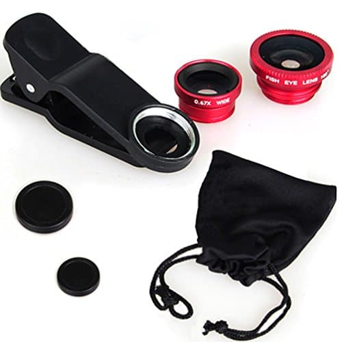 KINGMAS 3-in-1 Lens Kit: Fish Eye, Macro, and Wide-Angle for iPad, iPhone, Samsung, Android, and Most Smartphones (Red)