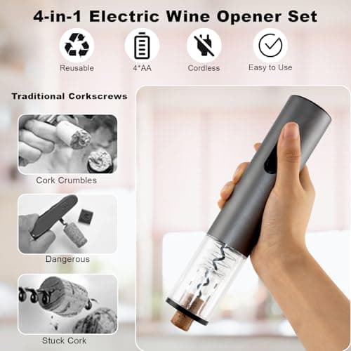 COKUNST 4-in-1 Electric Wine Opener Set – Cordless Corkscrew with Foil Cutter, Pourer, and Vacuum Stoppers – Perfect Gift for Home Parties