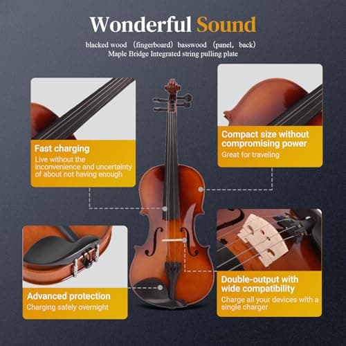 Beginner Violin Kit with Case, Bow, Rosin - Natural Finish