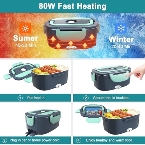 Portable Electric Heated Lunch Box for Adults: 80W 1.5L with Stainless Steel Container & Bag