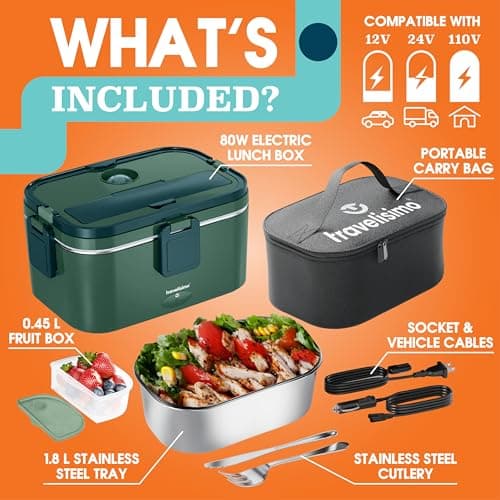 XL Heated Lunch Box 1.8L for Men, 80W Portable Work Warmer