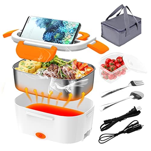 12V/24V/110V 80W Faster Heated Electric Lunch Box with 1.5L 304 SS Container — White+Orange