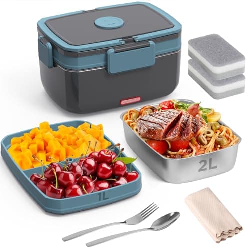 90W Portable Electric Lunch Warmer with 2L Stainless Steel & 1L Fruit Container — Blue&Grey