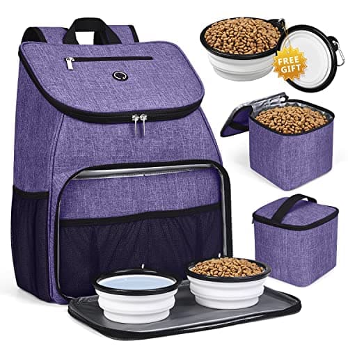 BAGLHER Airline Approved Dog Travel Backpack with Bowls and Food Baskets, Gray — Purple-A