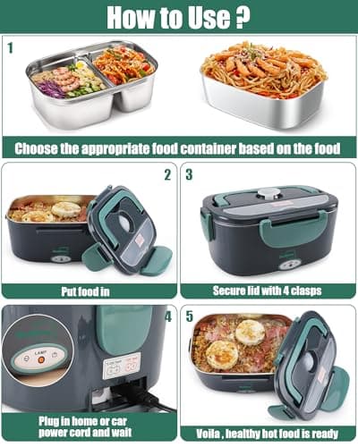 Buddew 80W Dual Container Electric Lunch Box with Heater and Insulated Bag (Green)