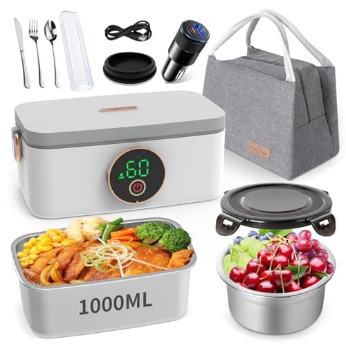 1L Rechargeable Heated Lunch Box with Cutlery & Insulated Bag for Travel, Picnic, Camping