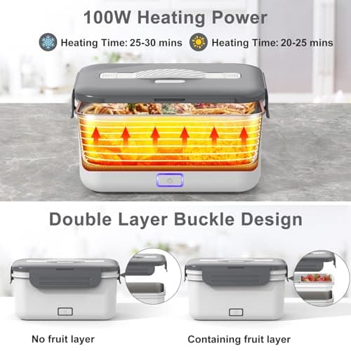 100W Ultra Quick 4-in-1 Lunch Box Heater for Adults, 12V-220V Portable Food Warmer with Fork, Spoon, and Insulated Bag
