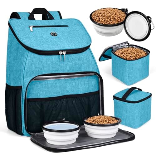 BAGLHER Airline Approved Dog Travel Backpack with Bowls and Food Baskets, Gray — Sky Blue-A