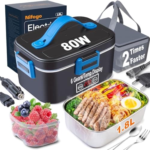 Nifogo Dual 1.8L Portable Heated Lunch Box 80W for Adults — Temperature Display-Blue