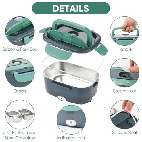 80W Electric Heated Lunch Box for Adults with Dual 1.5L Containers, Snack Holder, and Carry Bag