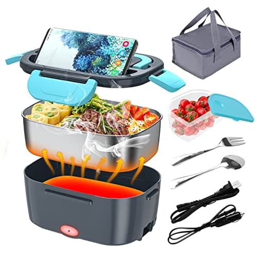 12V/24V/110V 80W Faster Heated Electric Lunch Box with 1.5L 304 SS Container — Dark gray+Blue