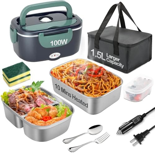 100W Electric Heated Lunch Box for Adults with 2 Stainless Steel Bins (1.5L)