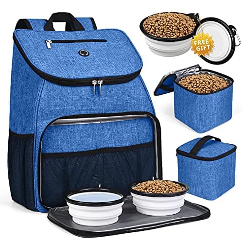 BAGLHER Airline Approved Dog Travel Backpack with Bowls and Food Baskets, Gray — Blue-A
