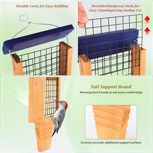Woodpecker Tail Prop Suet Feeder, Blue, Hanging Outside