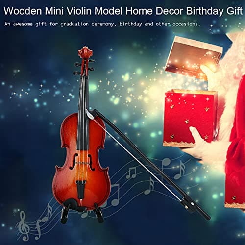 Vintage Wood Miniature Violin with Case & Stand, Home Office Decor, Brown
