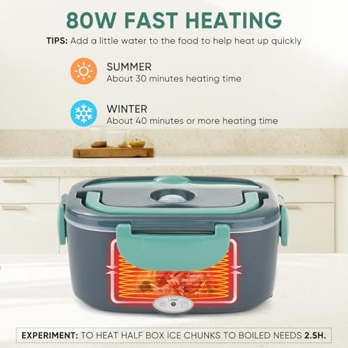 80W Electric Heated Lunch Box for Adults with Dual 1.5L Containers, Snack Holder, and Carry Bag