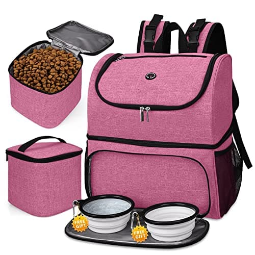 BAGLHER Airline Approved Dog Travel Backpack with Bowls and Food Baskets, Gray — Light pink