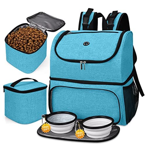 BAGLHER Airline Approved Dog Travel Backpack with Bowls and Food Baskets, Gray — Sky Blue