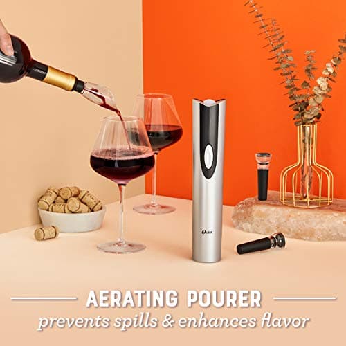 Oster Black Electric Wine Opener Set: Corkscrew, Foil Cutter, Pourer, and Vacuum Stoppers