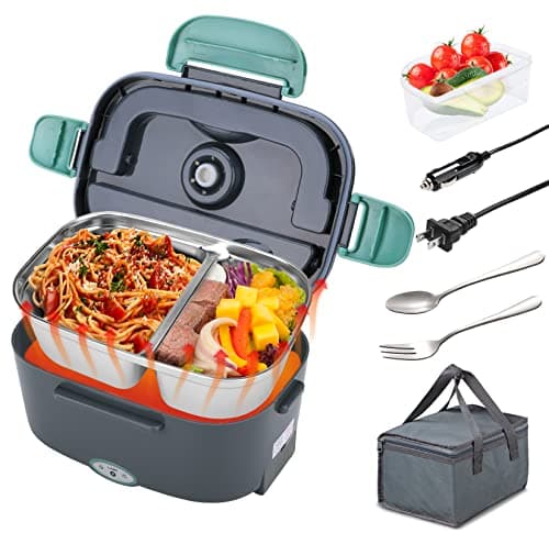 Portable 12V 24V 110V Heated Lunch Box with 1.5L Removable 304 SS Container — Green