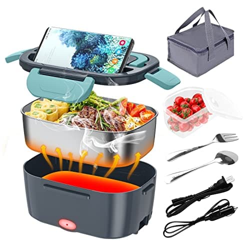 12V/24V/110V 80W Faster Heated Electric Lunch Box with 1.5L 304 SS Container — Dark gray+Green