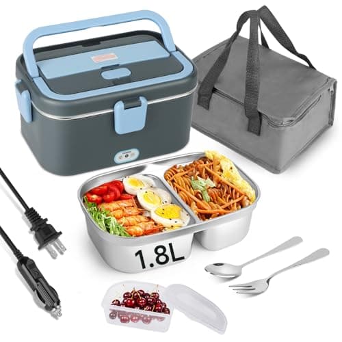 Fast Portable 1.8L 80W Heated Lunch Warmer with 2 Compartments — Grey + Blue