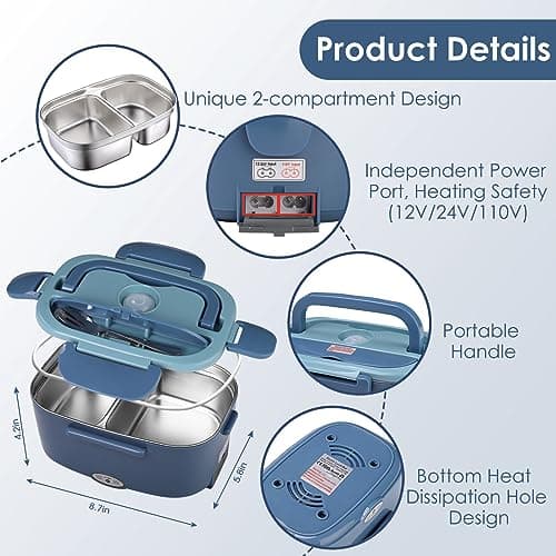 Portable 12V 24V 110V Heated Lunch Box with 1.5L Removable 304 SS Container