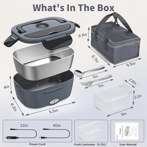 3-in-1 Electric Lunch Box for Adults - Portable Heated Lunch Box with 1.5L Stainless Steel Container for Office, Car, and Truck (110V, 24V, 12V) - Black/Grey