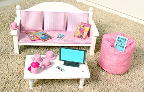 Eimmie 18 Inch Doll Furniture Set - White Wooden Couch & Coffee Table, Living Room Accessories