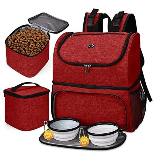 BAGLHER Airline Approved Dog Travel Backpack with Bowls and Food Baskets, Gray — Red