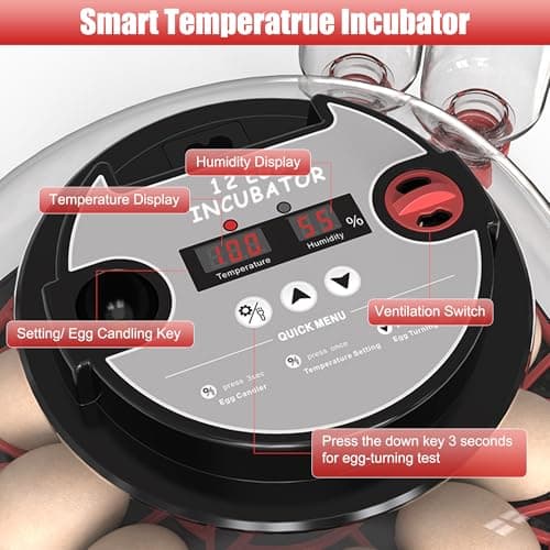 12 Egg Incubator with Temp Control, Humidity Display & Automatic Turner/Candler & Water Refill for Hatching