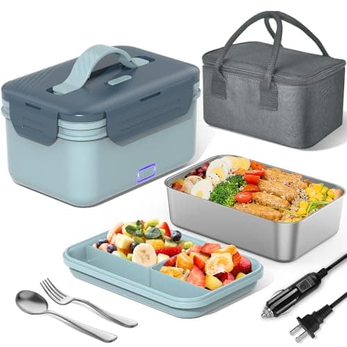 100W Ultra Quick 4-in-1 Lunch Box Heater for Adults, 12V-220V Portable Food Warmer with Fork, Spoon, and Insulated Bag — Canal Blue