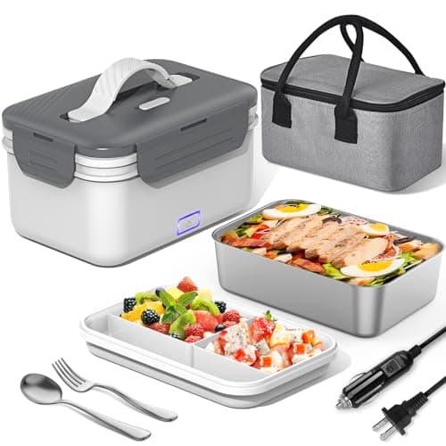 100W Ultra Quick 4-in-1 Lunch Box Heater for Adults, 12V-220V Portable Food Warmer with Fork, Spoon, and Insulated Bag