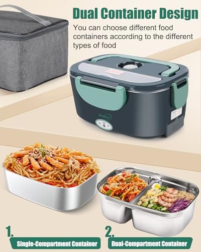 Buddew 80W Dual Container Electric Lunch Box with Heater and Insulated Bag (Green)
