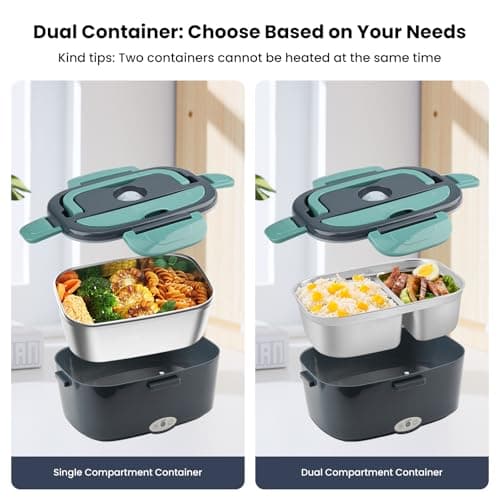 100W Electric Heated Lunch Box for Adults with 2 Stainless Steel Bins (1.5L)