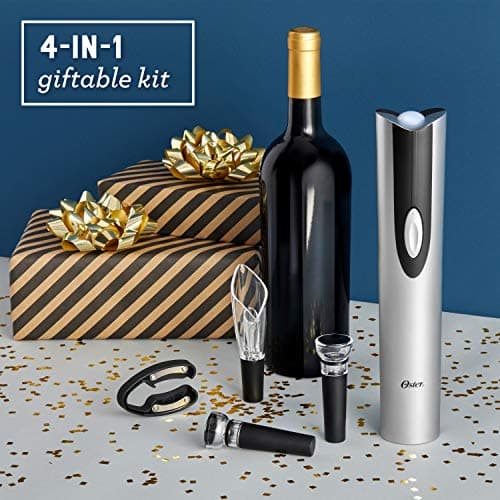 Oster Black Electric Wine Opener Set: Corkscrew, Foil Cutter, Pourer, and Vacuum Stoppers