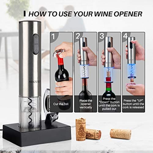 Automatic Electric Wine Opener with Foil Cutter, Rechargeable (Stainless Steel)